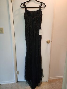Elegant Black Embellished Mesh Gown